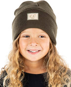 Kids Suede Patch Beanie (Dark Olive)
