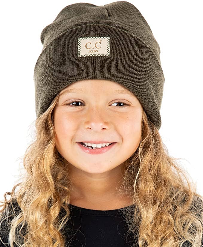 Kids Suede Patch Beanie (Dark Olive)