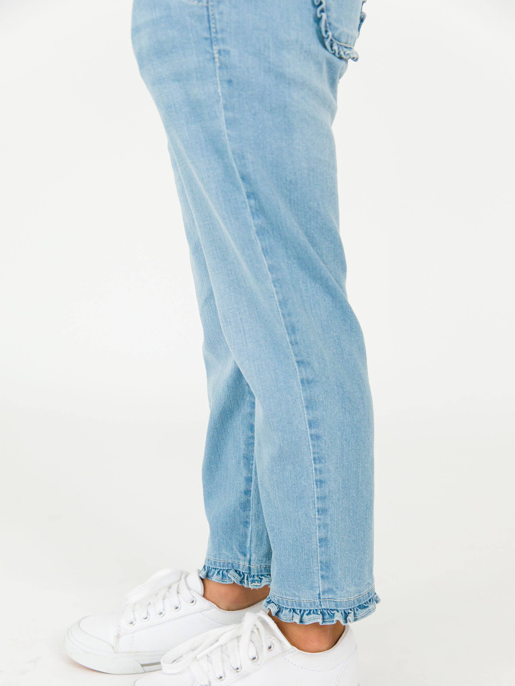 Girls Light Wash Denim Ruffle Straight Jeans