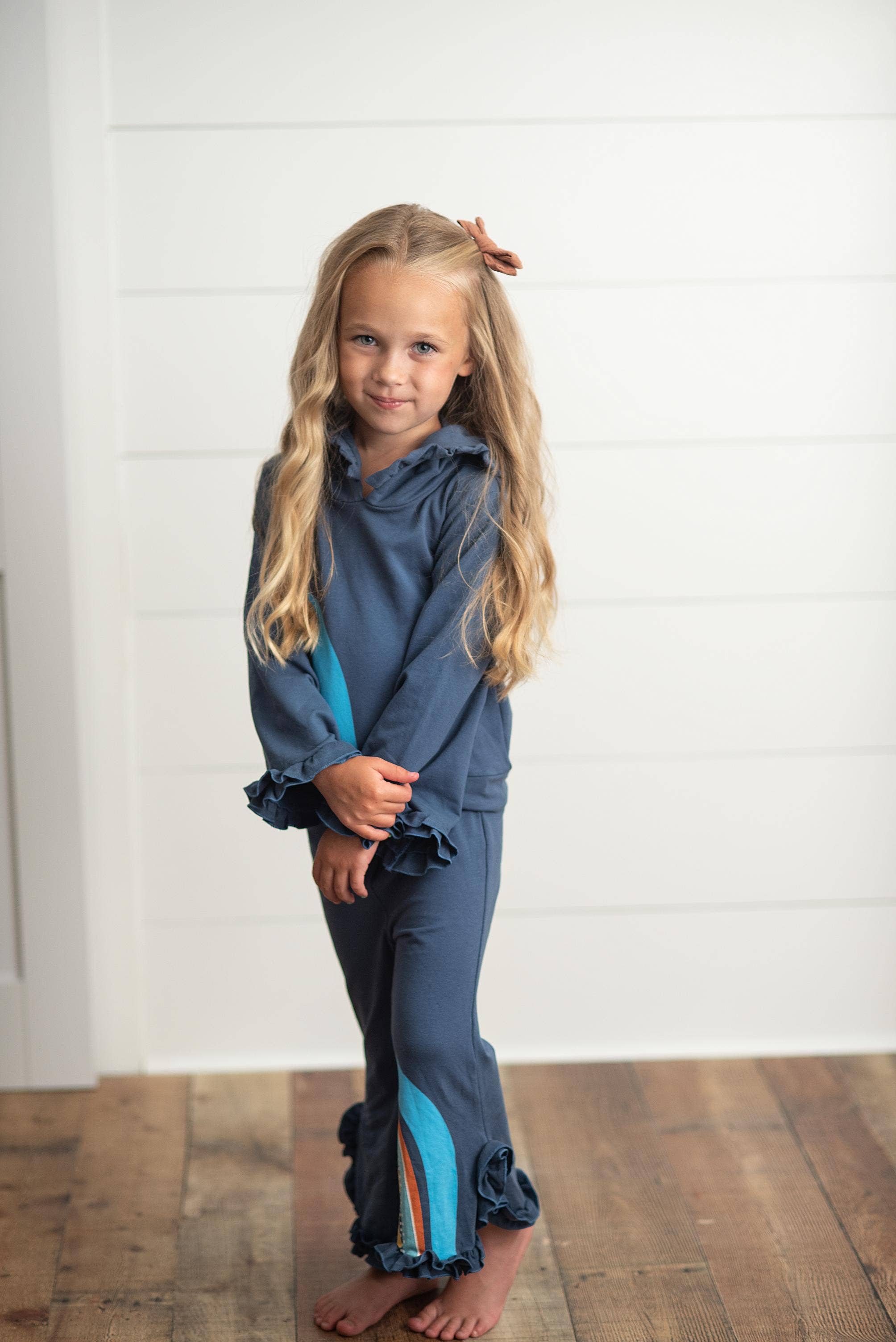 Kids Navy Blue Rainbow Hooded Ruffle Sweatsuit Lounge Set