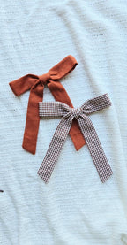 Long Tail Ribbon Bow on Clip • Cinnamon Check