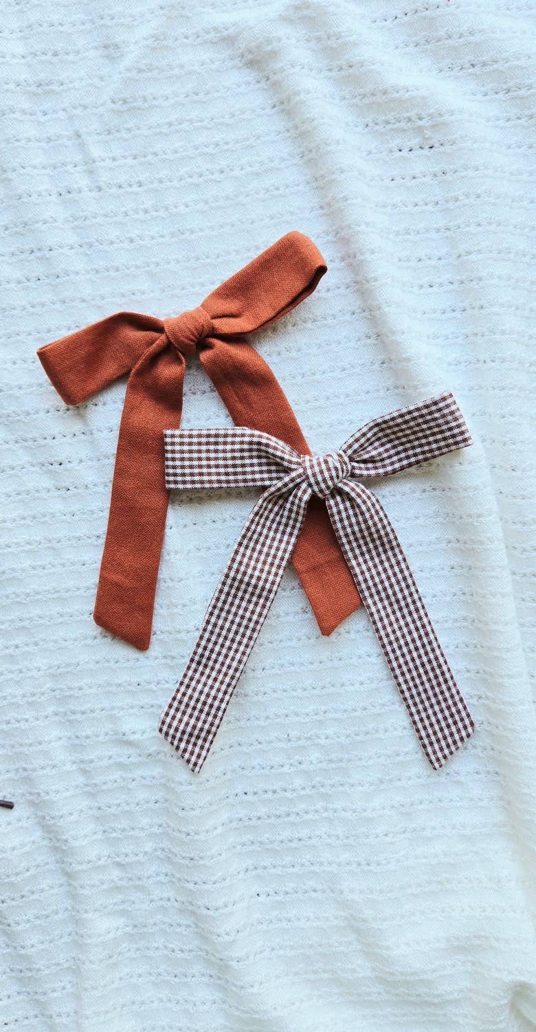 Long Tail Ribbon Bow on Clip • Cinnamon Check