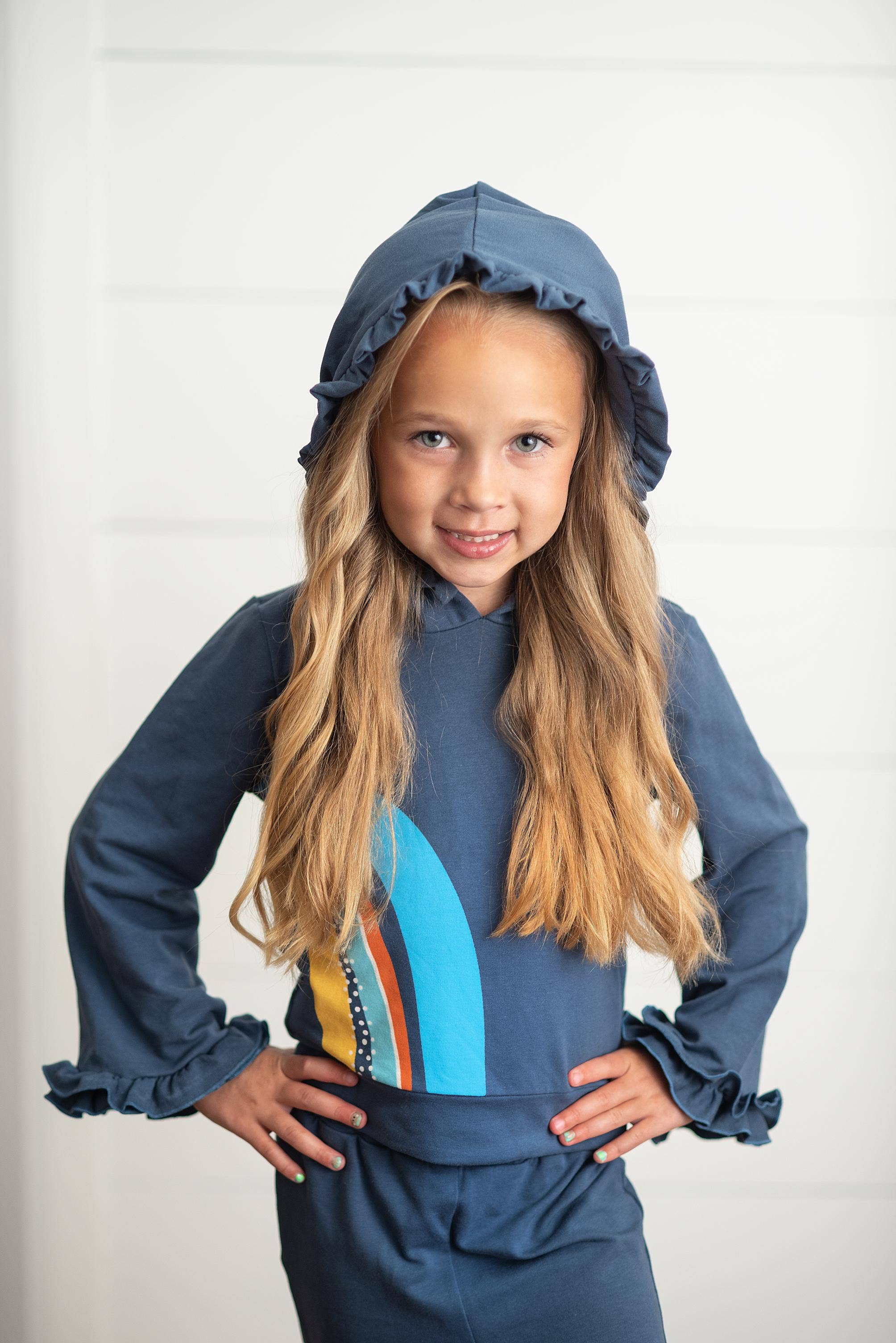 Kids Navy Blue Rainbow Hooded Ruffle Sweatsuit Lounge Set