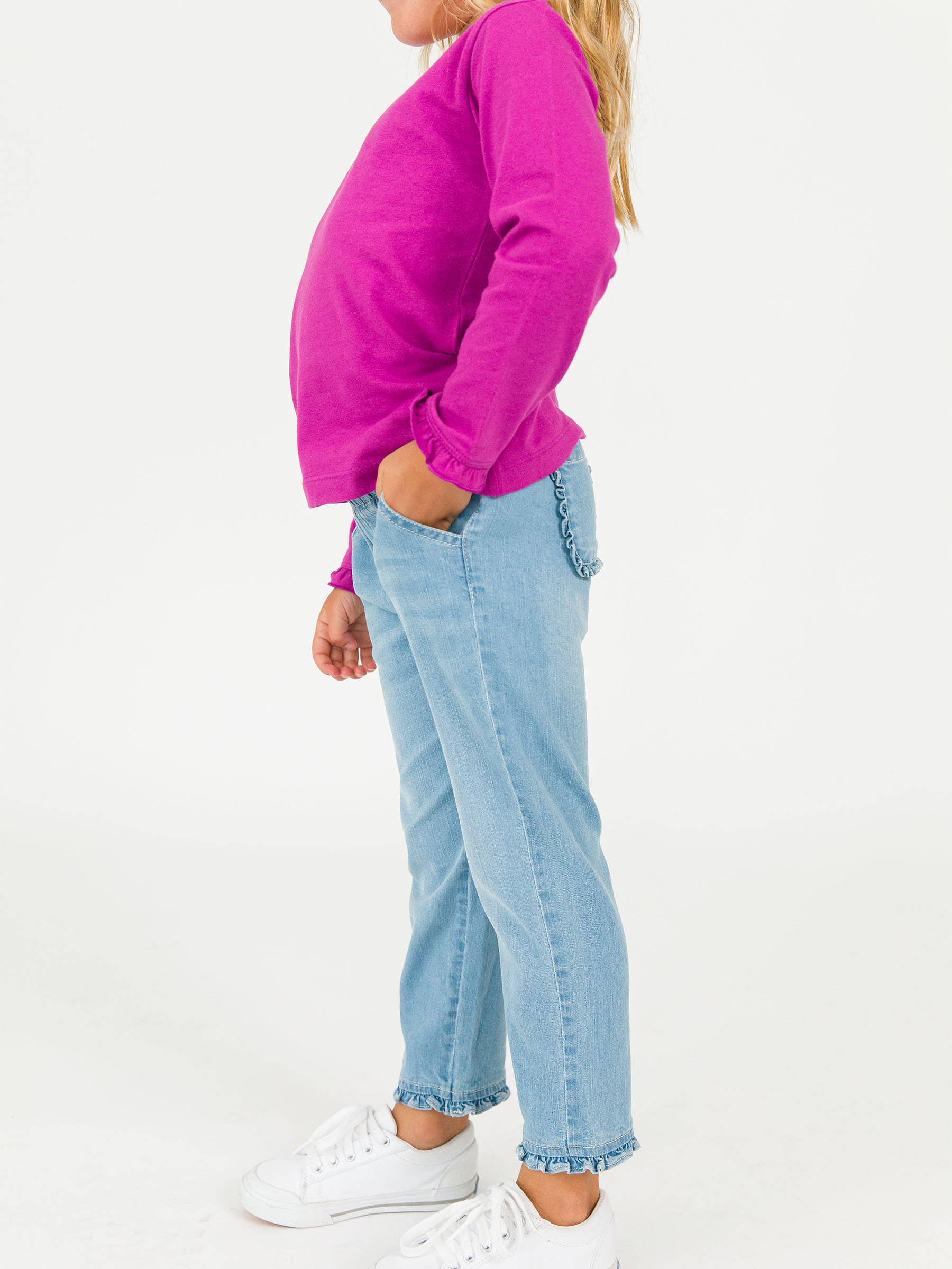 Girls Light Wash Denim Ruffle Straight Jeans