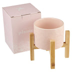 Planter w/ Wood Stand Pink Floral