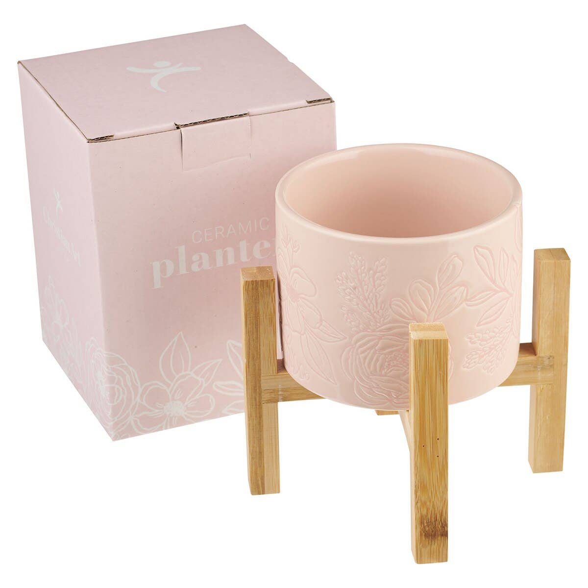Planter w/ Wood Stand Pink Floral