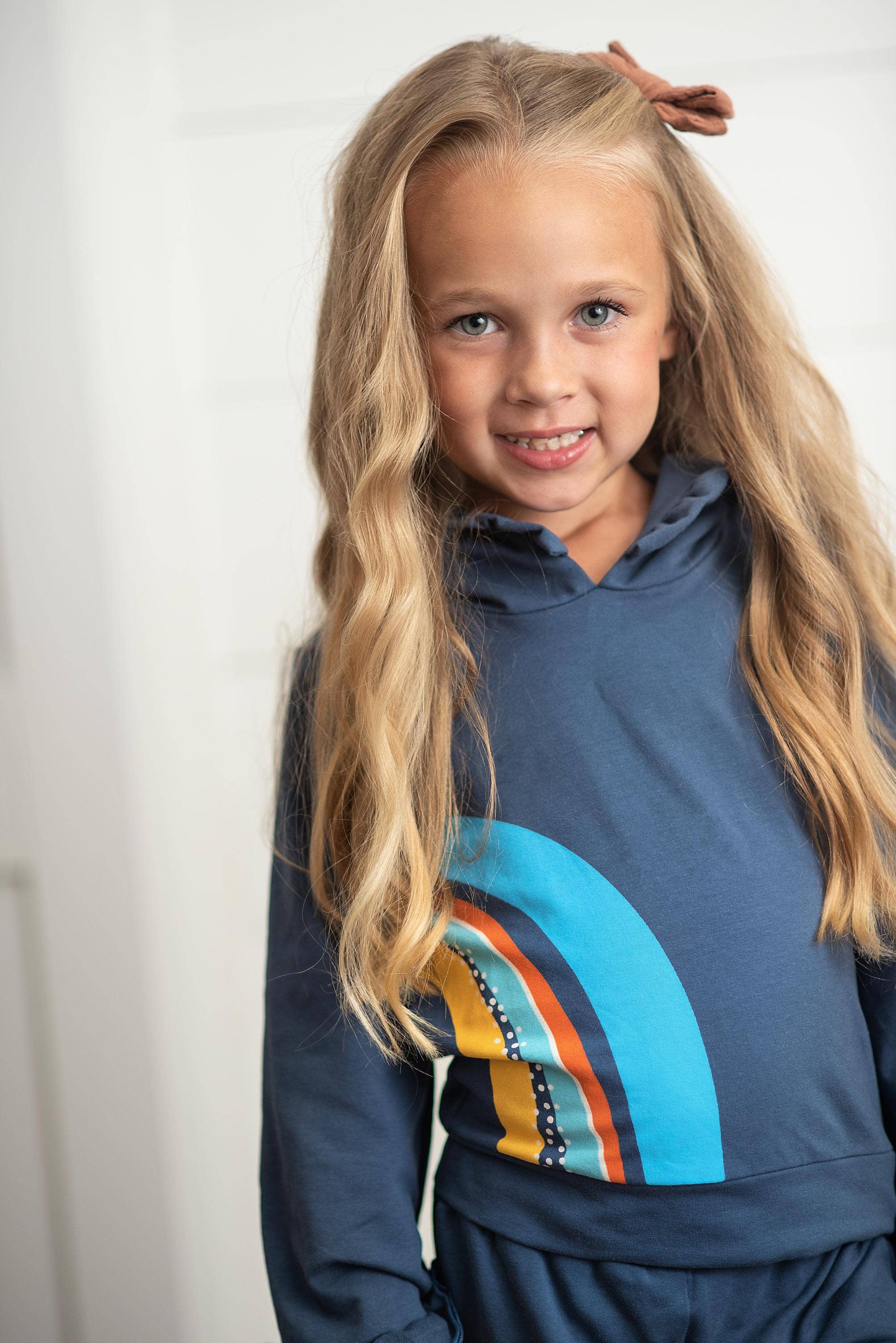 Kids Navy Blue Rainbow Hooded Ruffle Sweatsuit Lounge Set