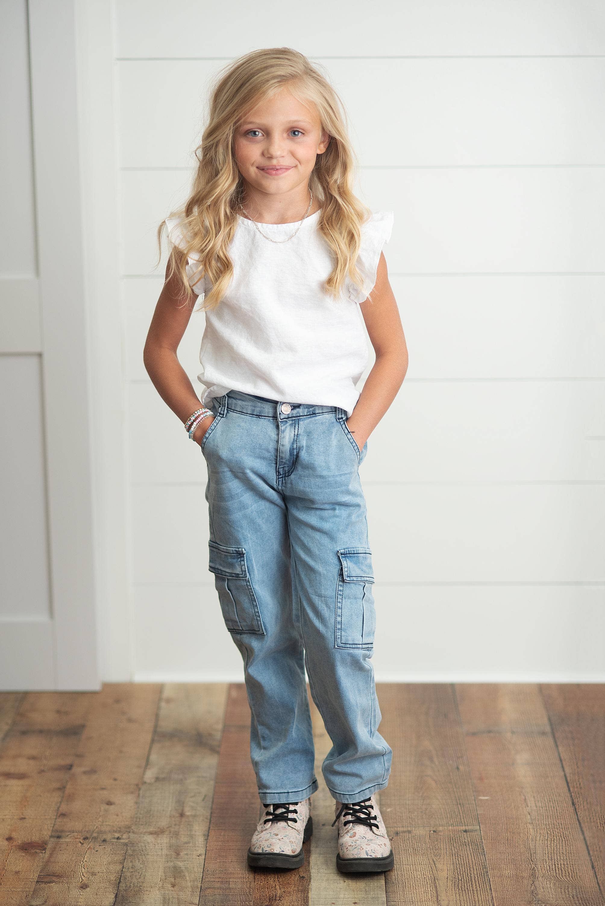Kids Light Wash Faded Denim Cargo Jean Pant With Pockets