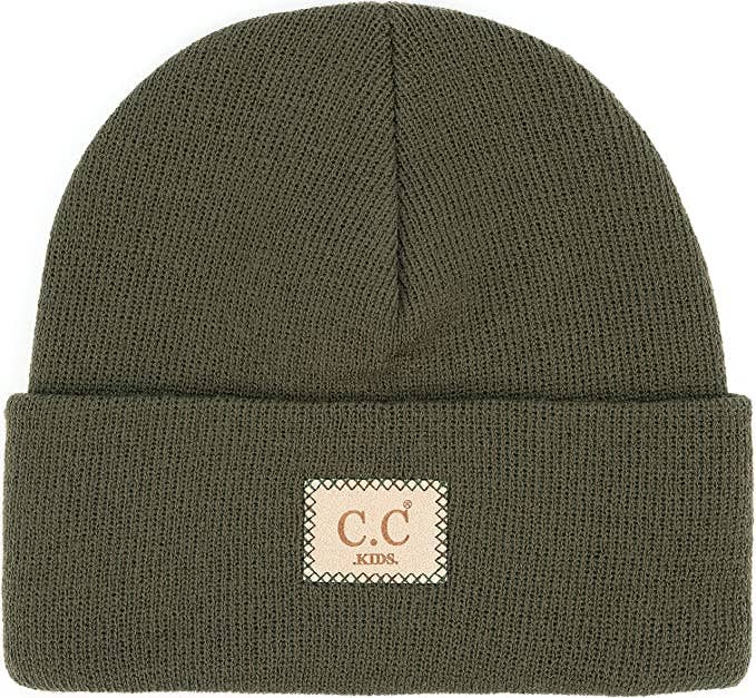 Kids Suede Patch Beanie (Dark Olive)