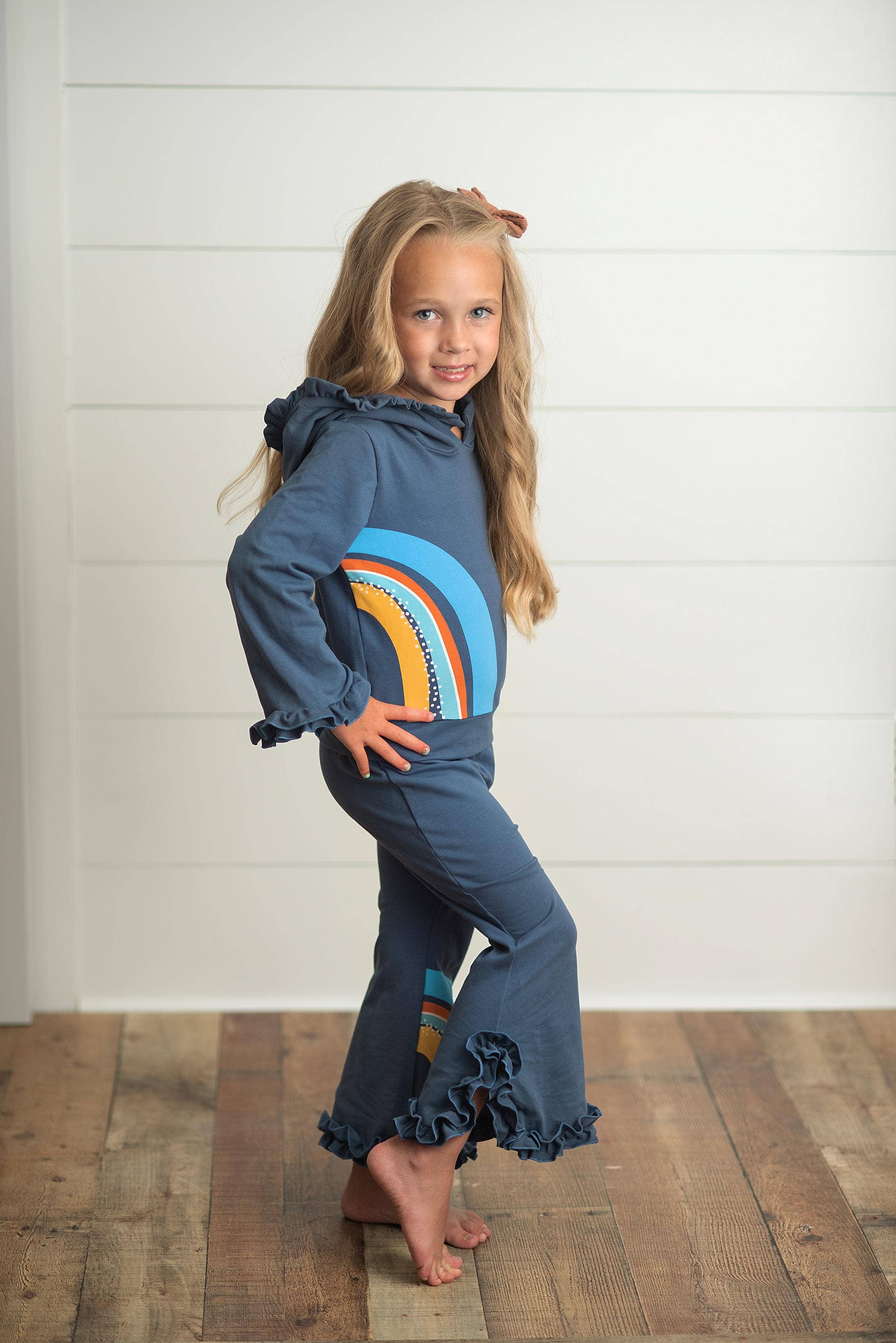 Kids Navy Blue Rainbow Hooded Ruffle Sweatsuit Lounge Set