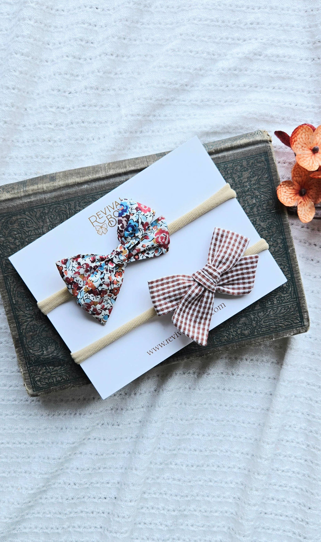 Mini Handmade Bow on Headband • Cinnamon Check