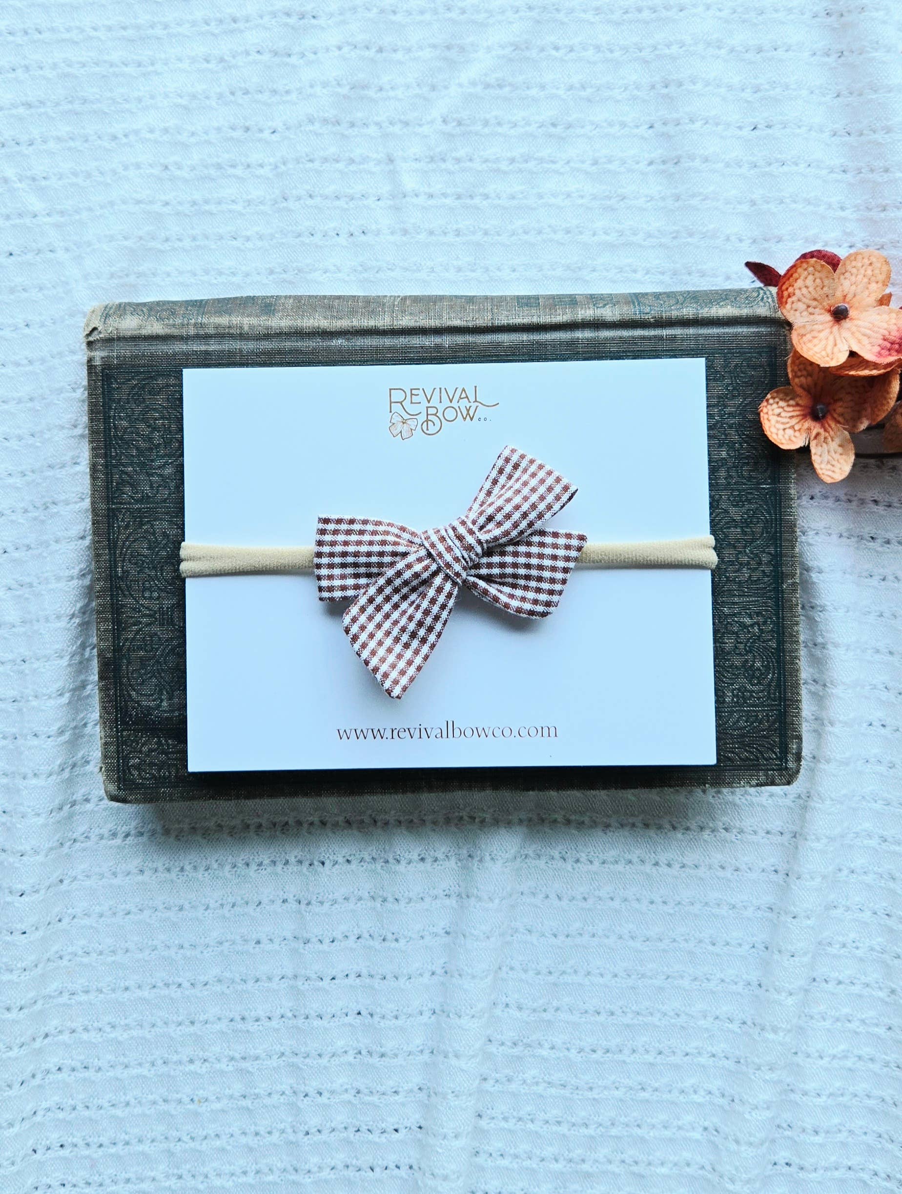 Mini Handmade Bow on Headband • Cinnamon Check