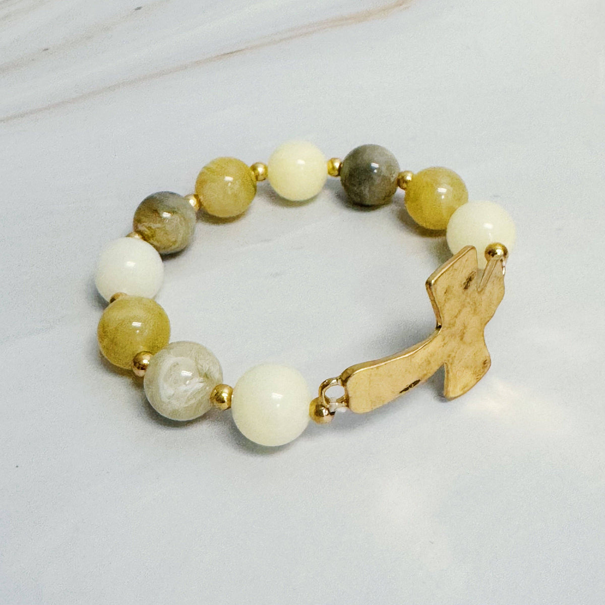 Hammered Cross Marbled Bead Stretch Bracelet